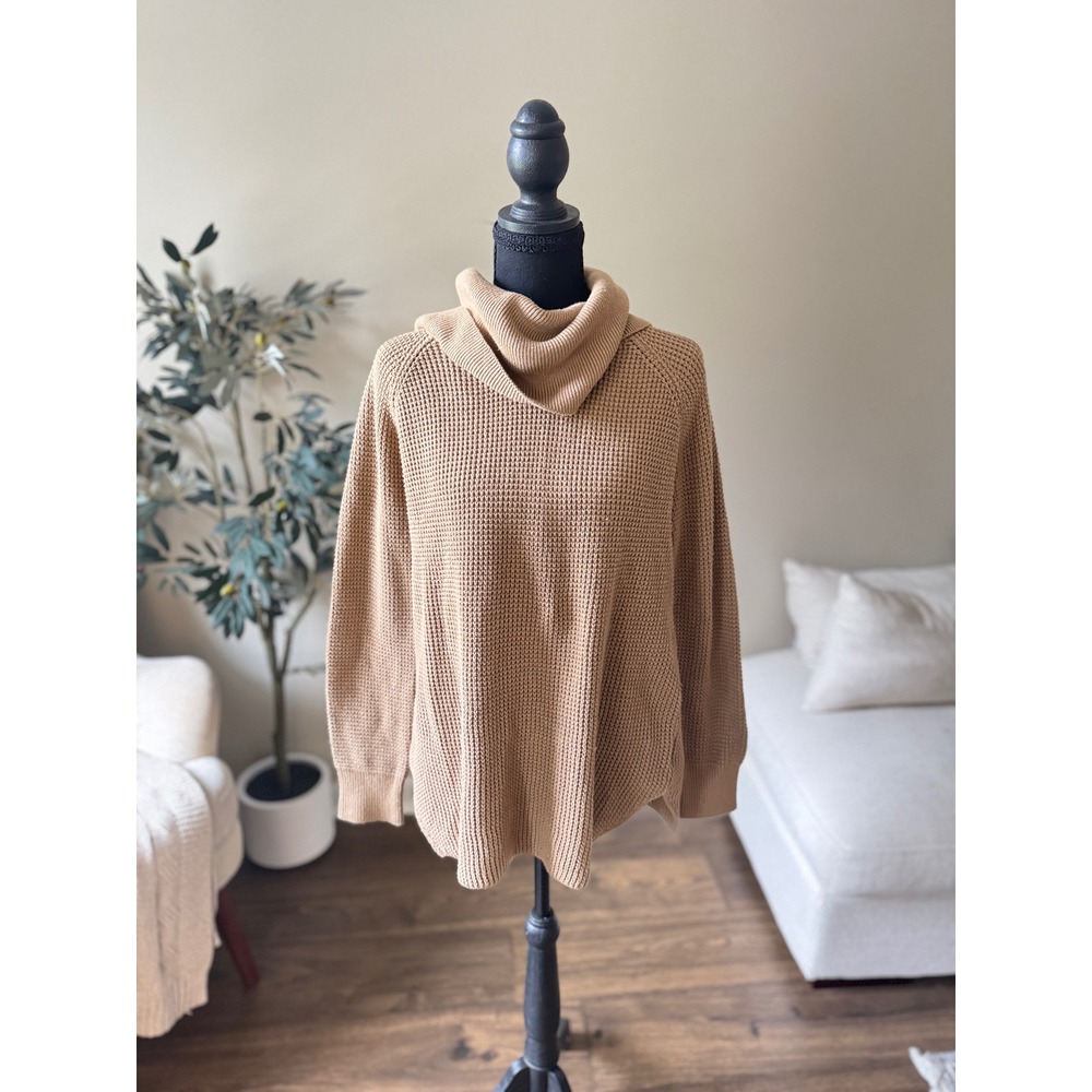Michael Kors Camel Tan Waffle Knit Cowl Neck Sweater Medium Raglan Sleeve Top